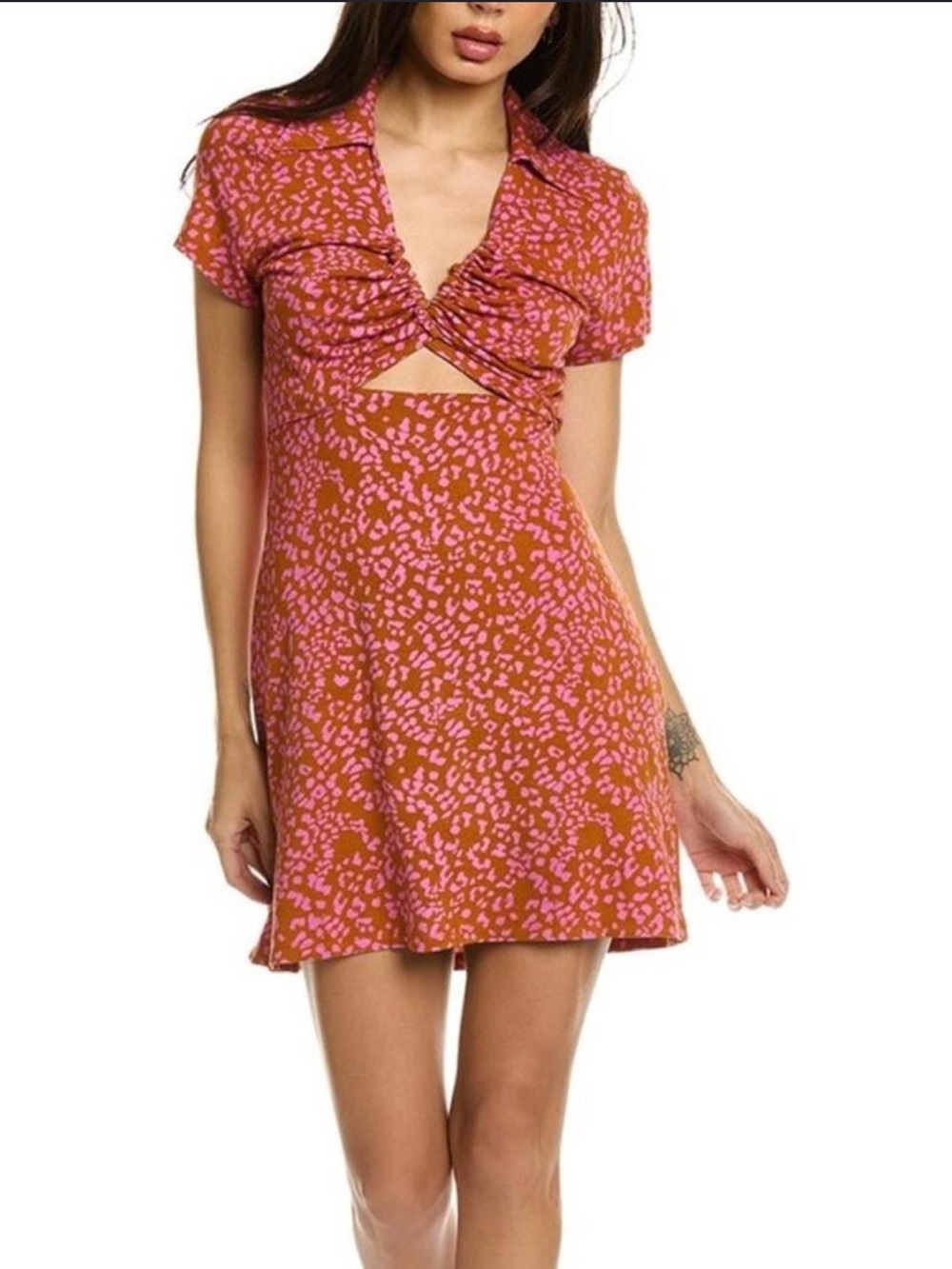 Free People Rust Orange Mini Dress with Pink Print and Twist Front